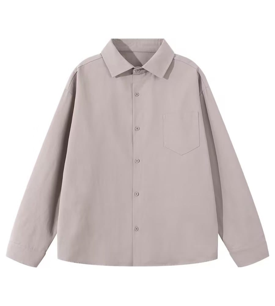 Taupe button-down shirt photographed flat on a white table, the source photo