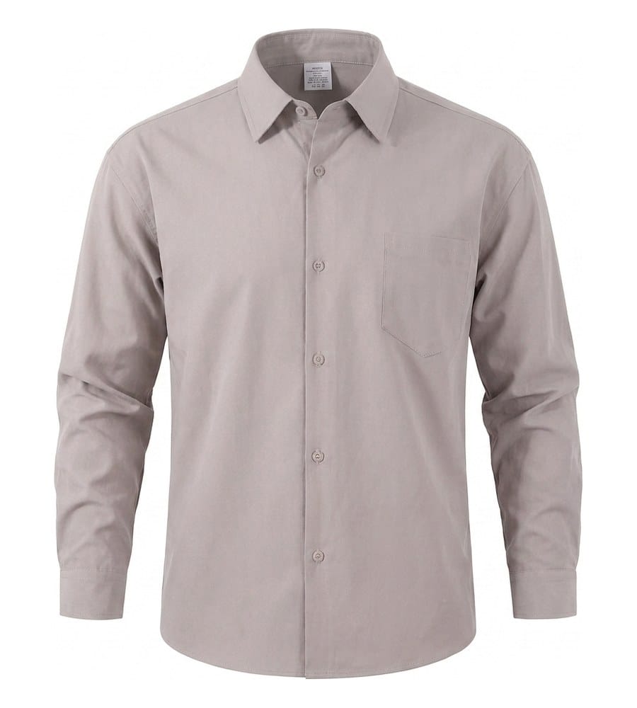 Finished ghost mannequin front view of the taupe shirt, collar open and sleeves filled
