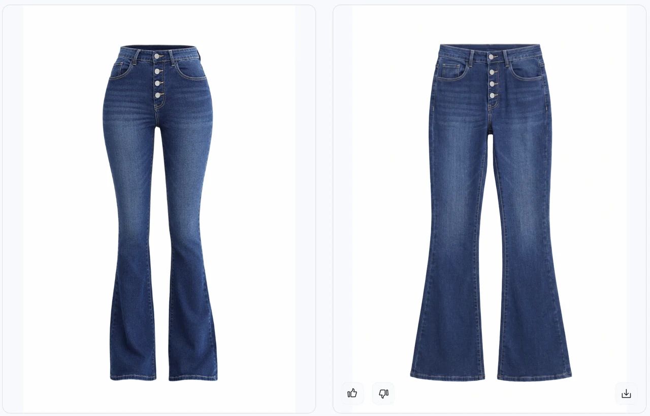 Flared jeans shown with ghost mannequin volume on the left and as a flat lay on the right
