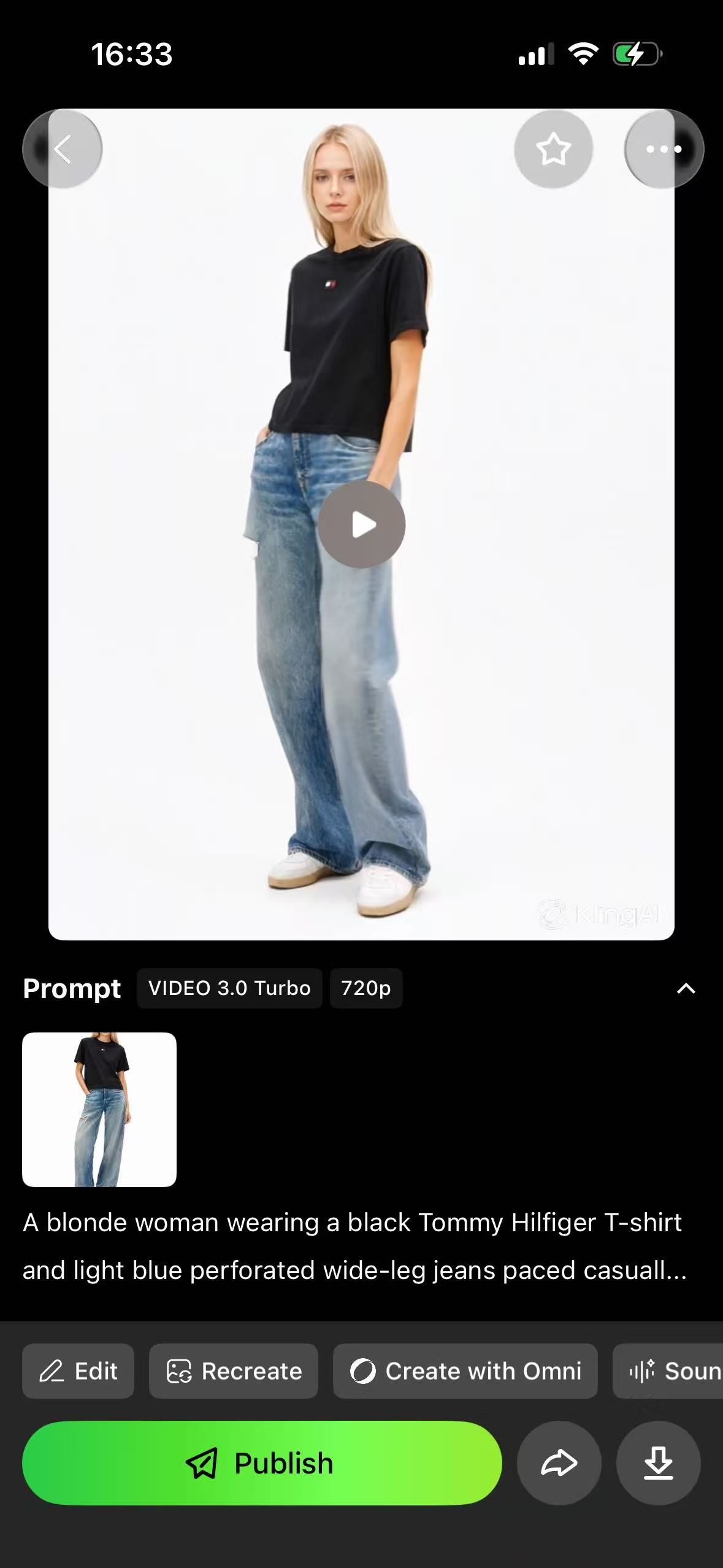 Kling AI clothing video result with download controls and a watermark