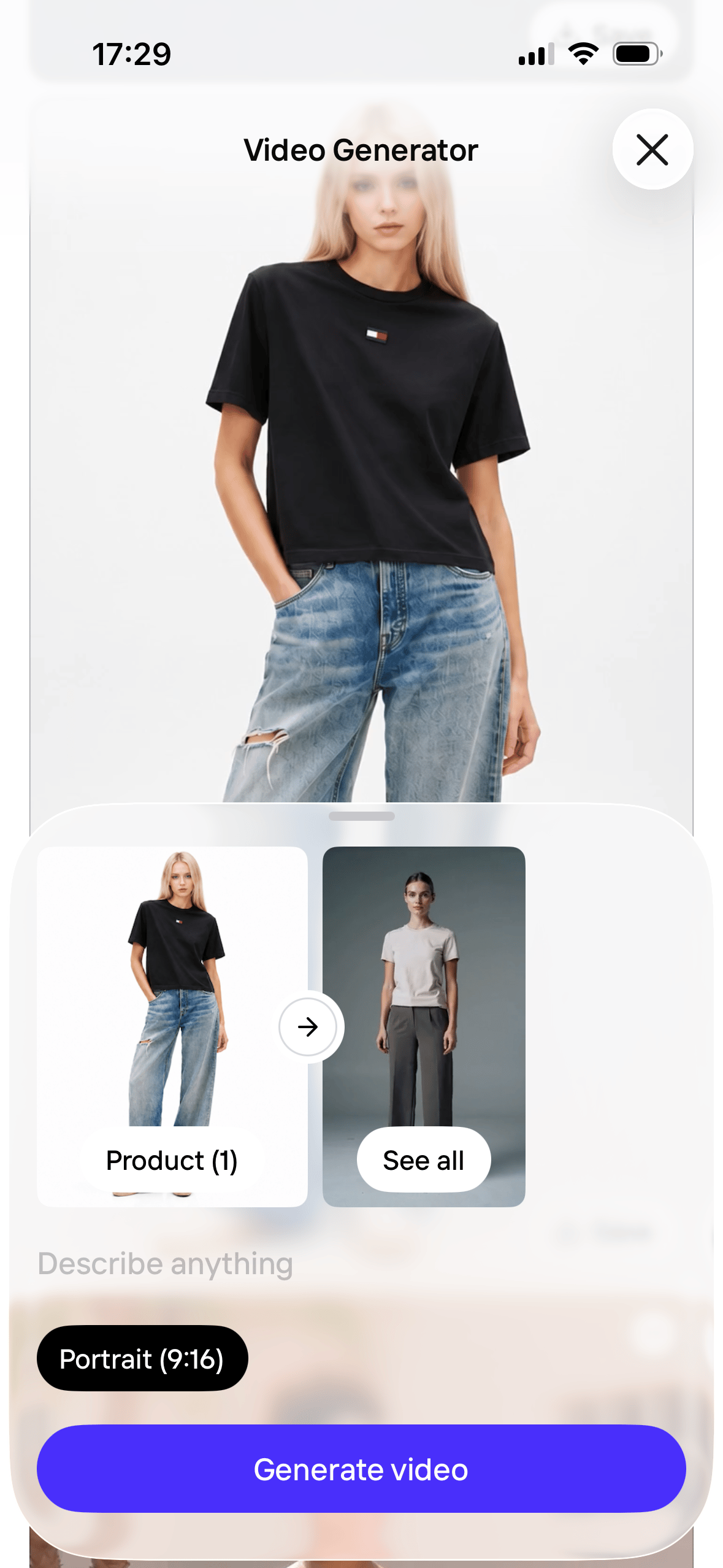 Photoroom video creation workspace with a clothing photo and animation controls