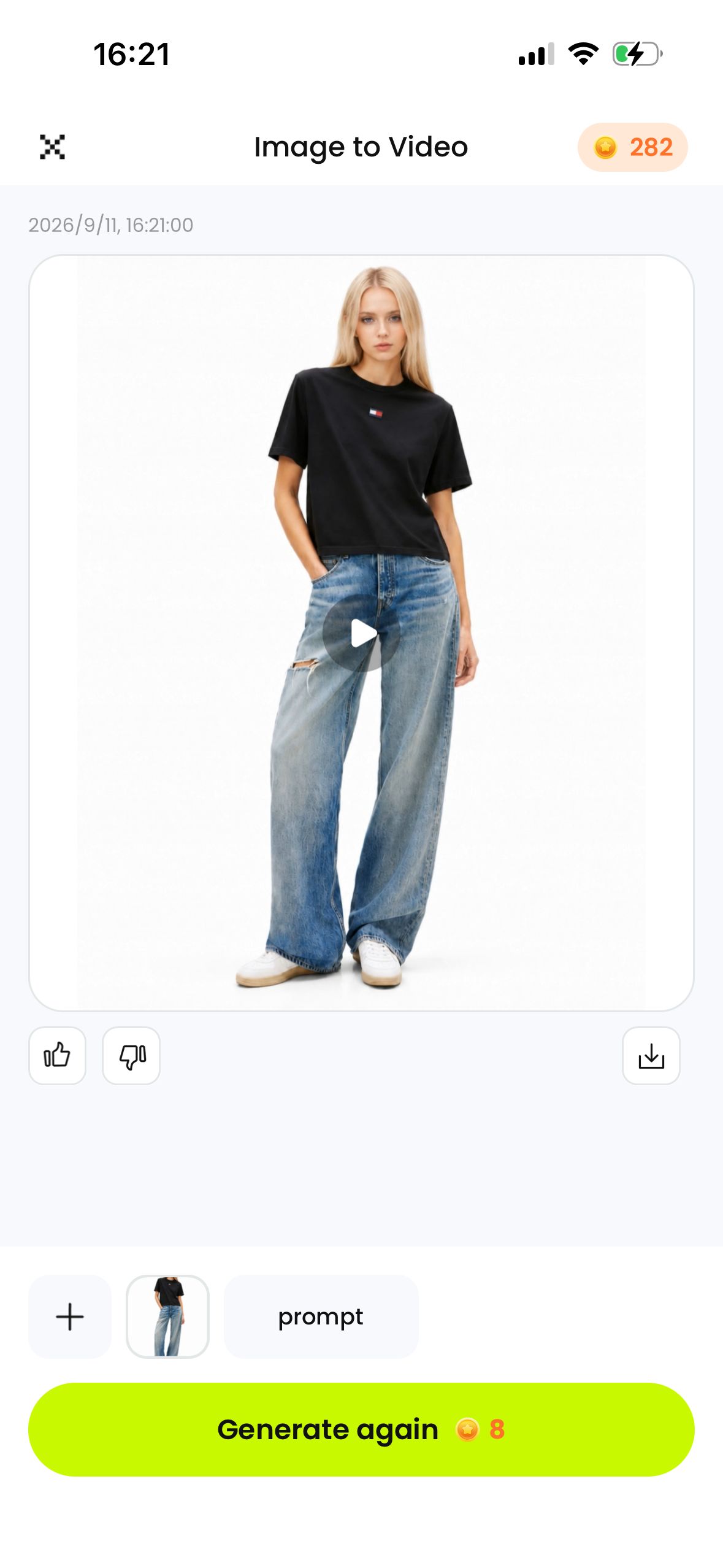 Snappyit video result screen with download, prompt and Generate again for 8 credits
