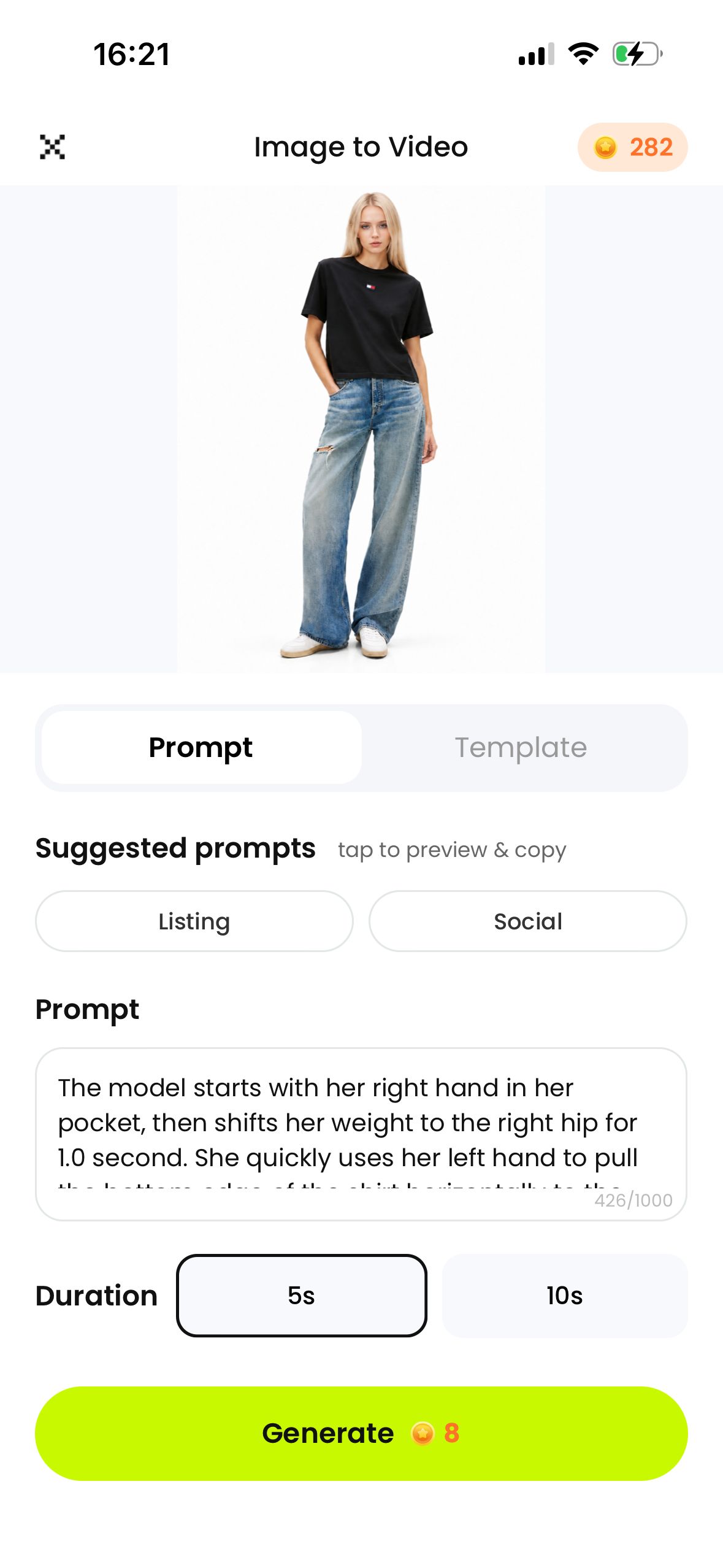 Snappyit iPhone Image to Video screen with Prompt and Template tabs, 5 seconds selected and Generate for 8 credits