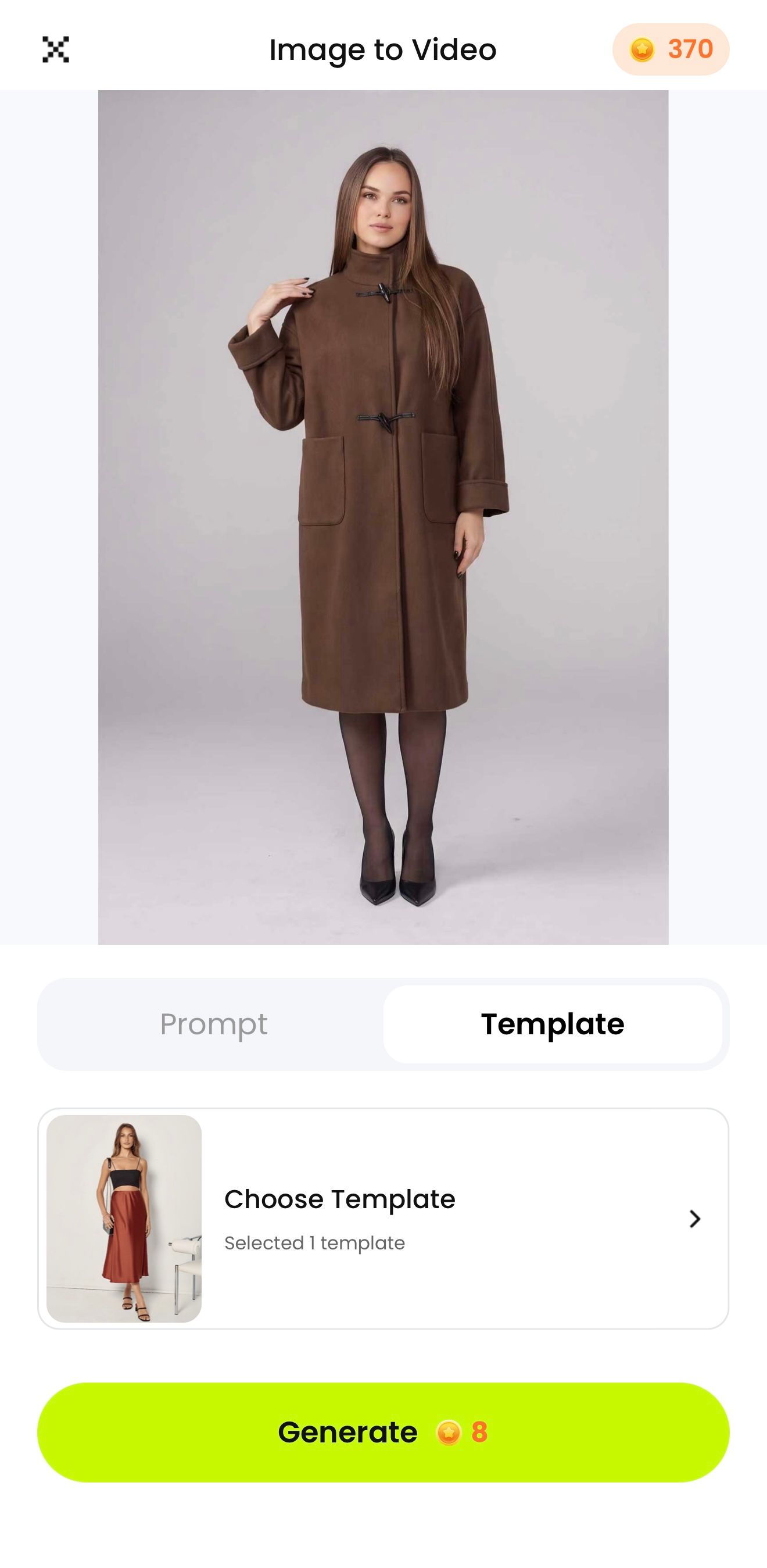 Template mode showing a selected motion template and Generate button