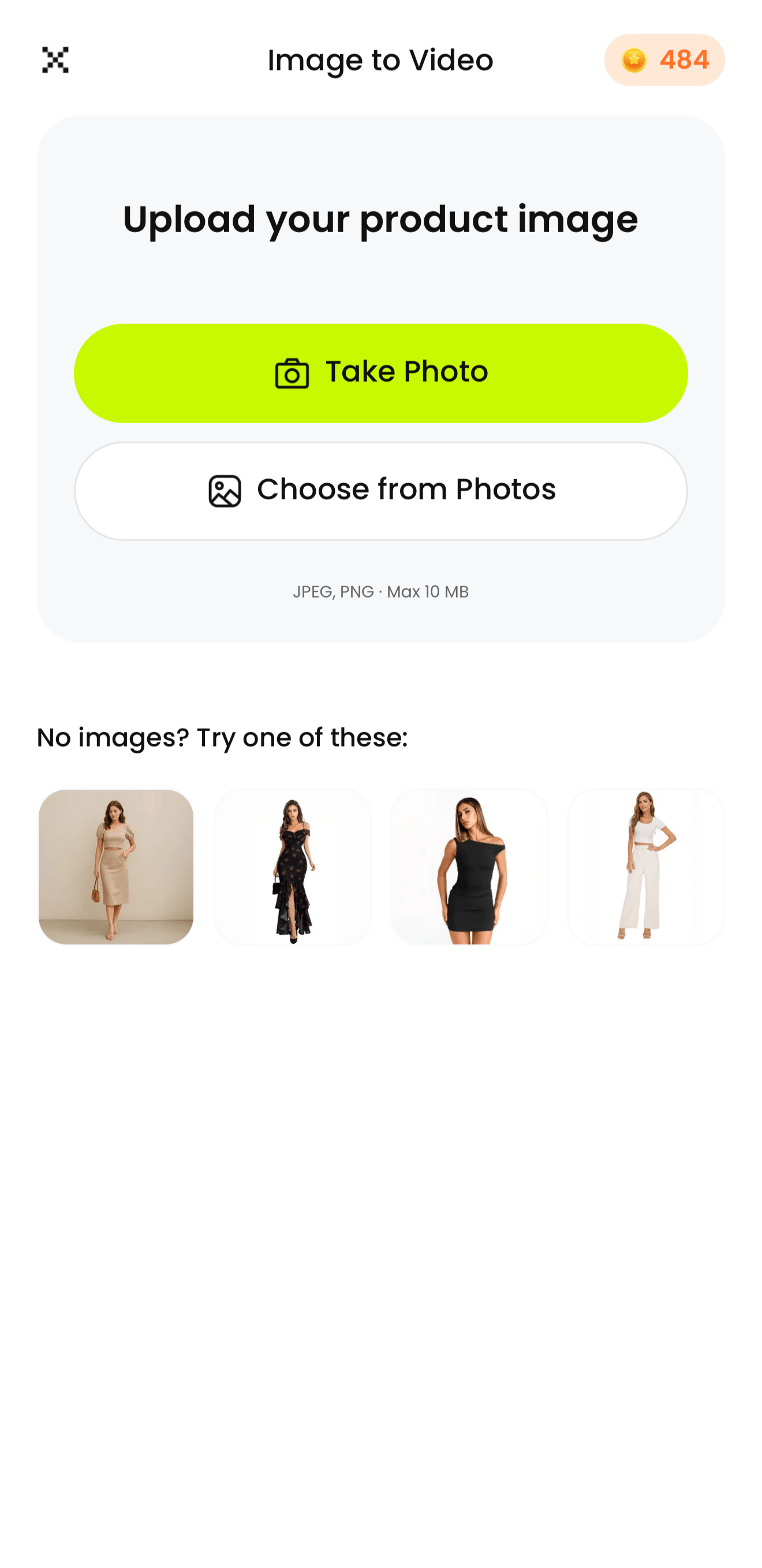 Snappyit Image to Video upload screen with camera and photo-library choices