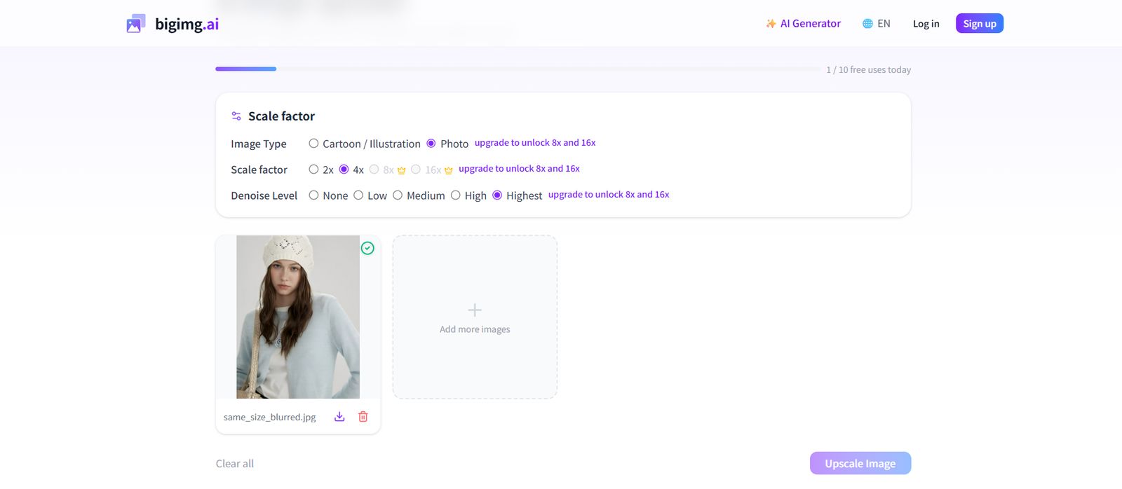 bigimg.ai workspace set to Photo, 4×, and Highest denoise