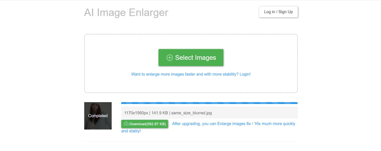 Bigjpg workspace with the completed upscale and download button