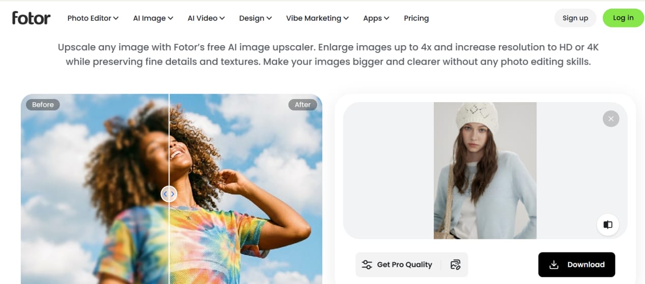 Fotor upscaler workspace with the shared fashion test image