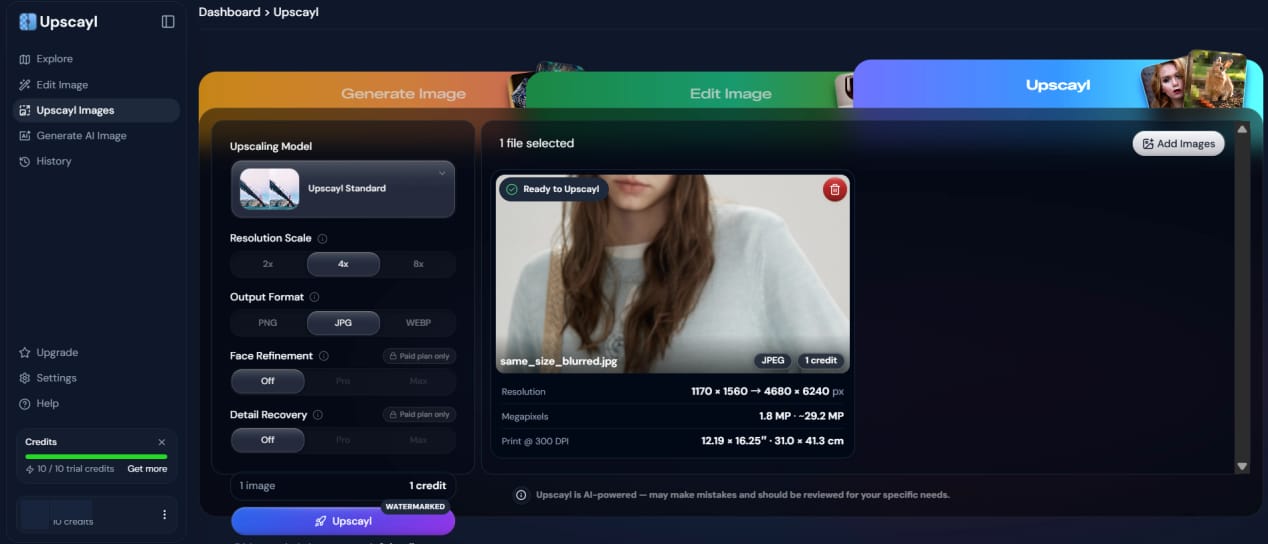 Upscayl Cloud set to Standard, 4×, JPG, and 4680 × 6240
