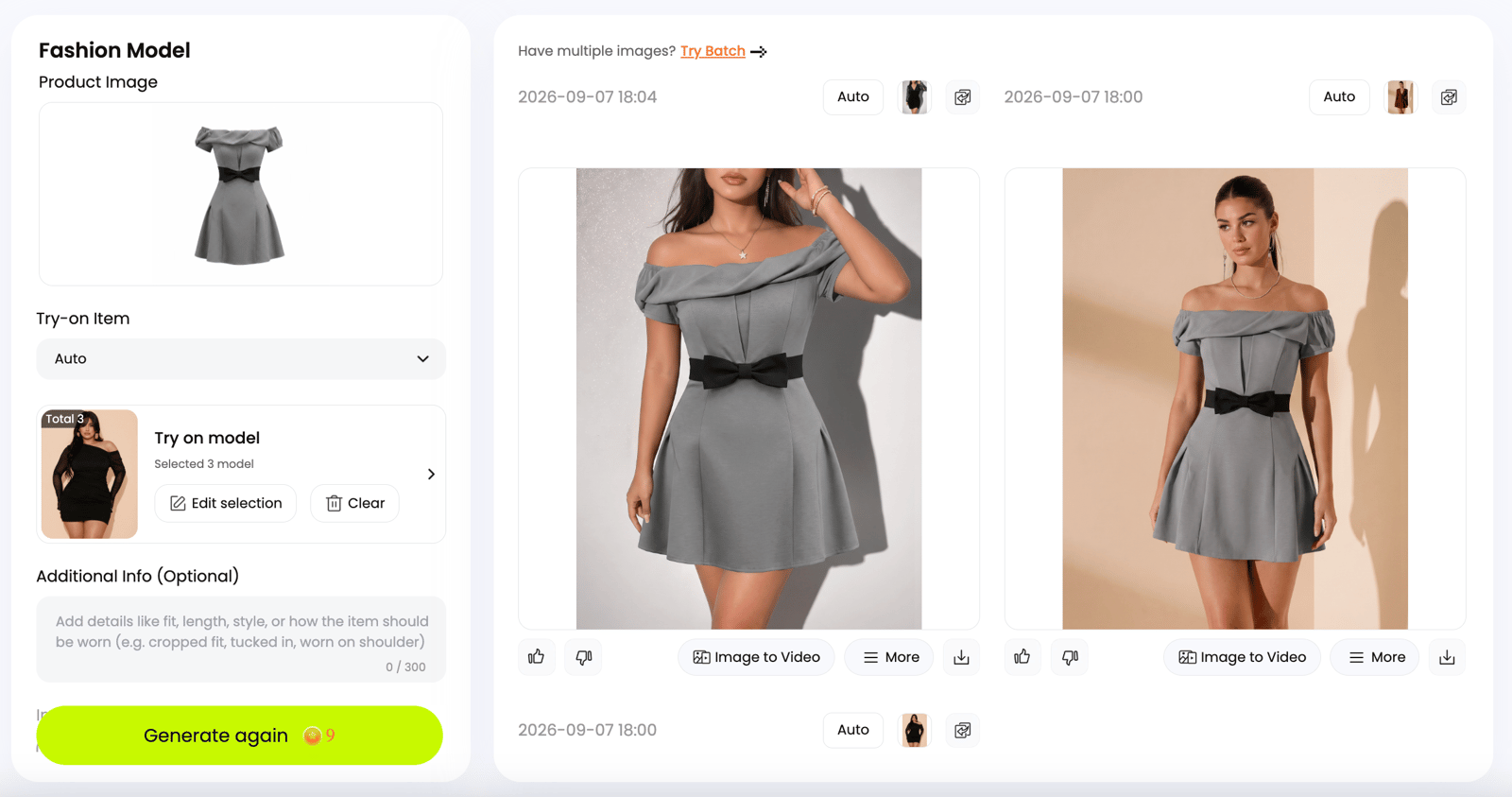 Snappyit Fashion Model result screen showing the gray dress source, three selected models and two generated results