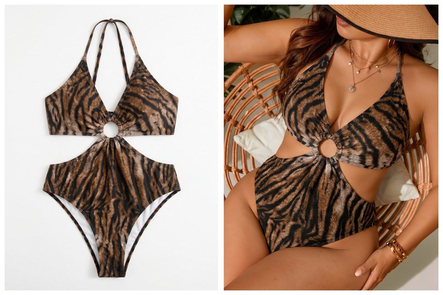 A leopard-print swimsuit shown as a white-background product photo beside the same suit on a curvy plus-size AI model