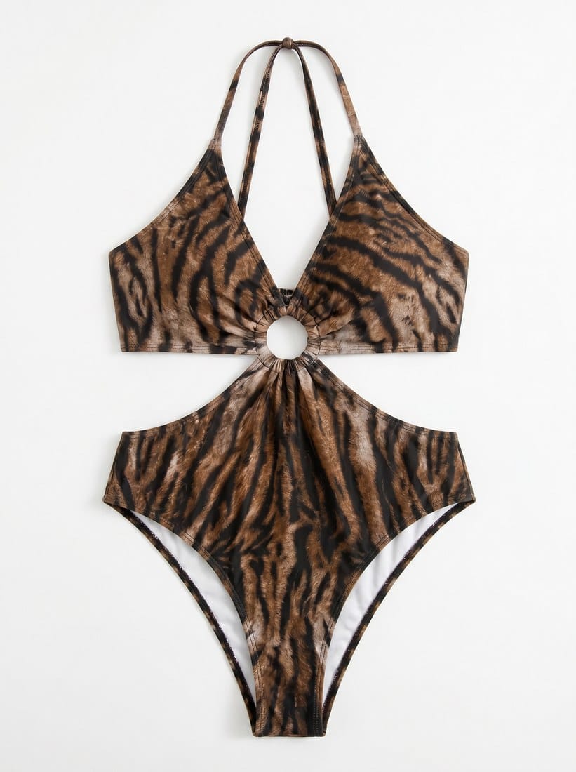 A leopard-print swimsuit shown as a white-background flat-lay product photo