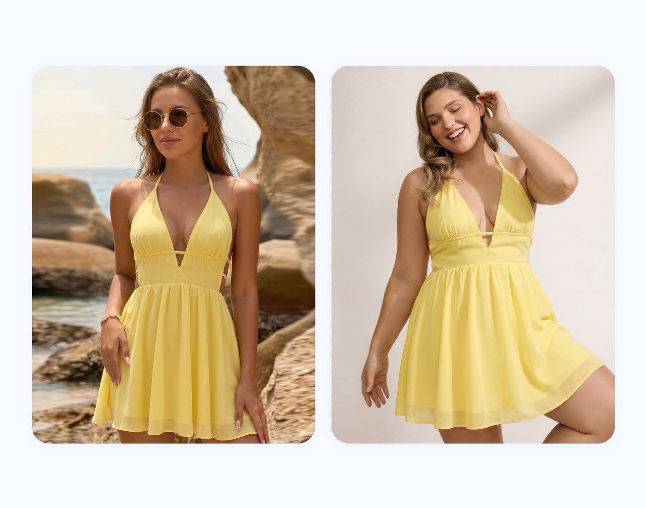 The same dress shown on two body types, straight size and plus size