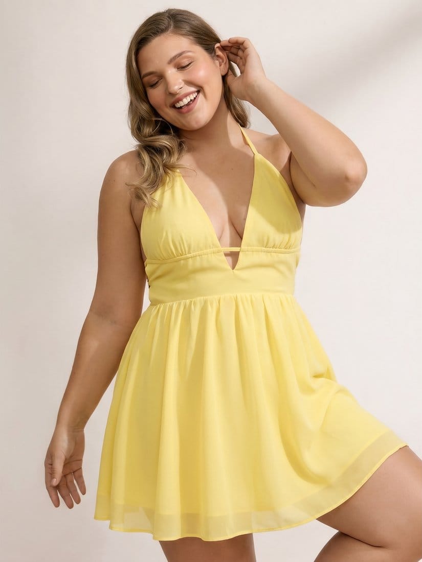 The same yellow dress on a curvy plus-size AI model