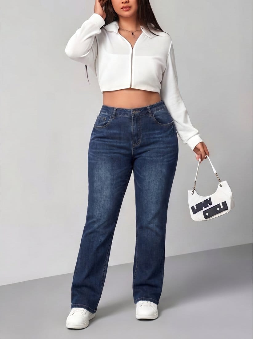 The same flared jeans on a curvy plus-size AI model