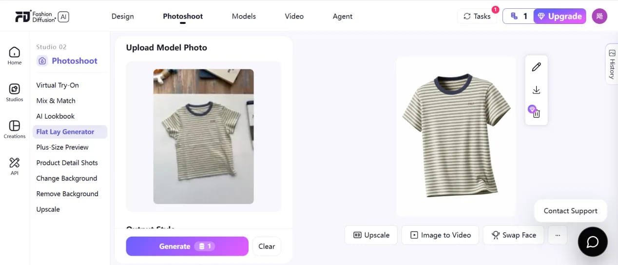 Fashion Diffusion workspace with the original striped T-shirt and generated result