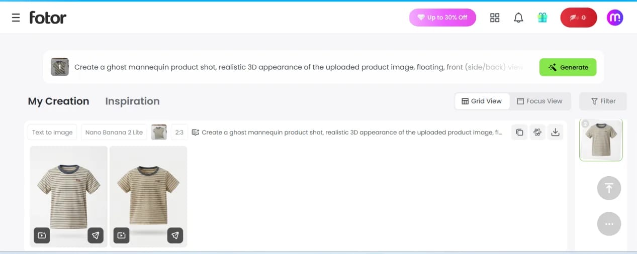 Fotor creation workspace showing two generated striped T-shirt images