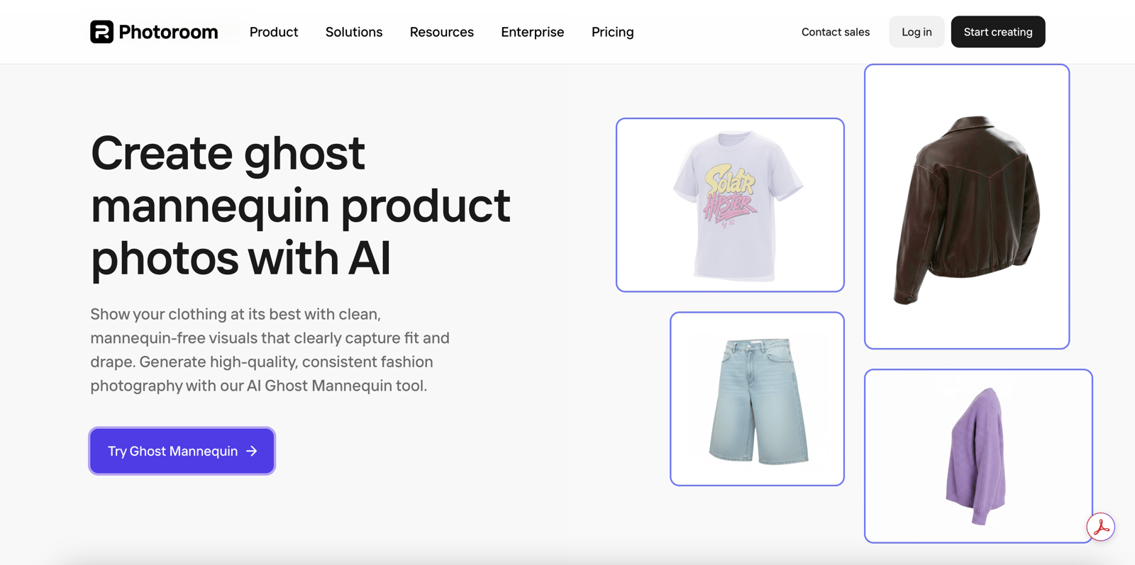 Photoroom editor with the Ghost Mannequin AI feature open — left toolbar shows Background, Cleanup, Magic Studio and the rest of the general product-photo toolset that earns Photoroom its background-removal speed crown