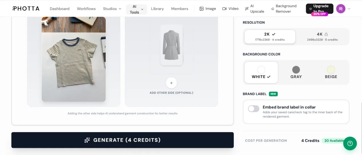 Photta ghost mannequin workspace showing four-credit 2K generation