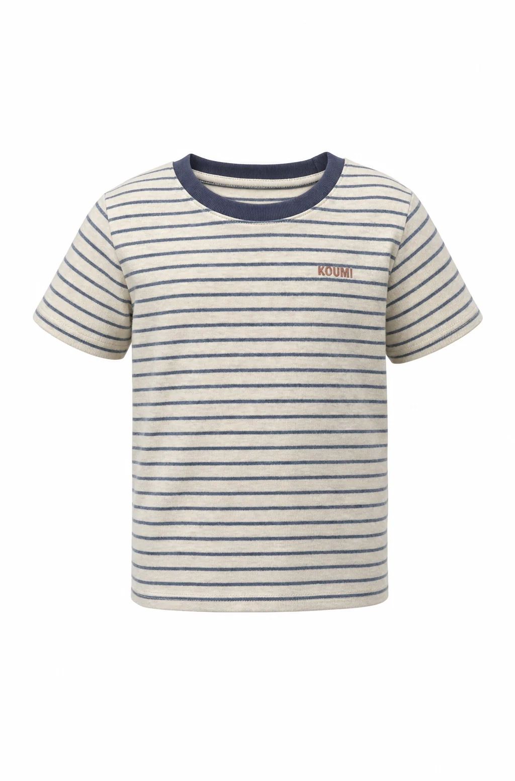 Snappyit front ghost mannequin result preserving the striped T-shirt and KOUMI logo