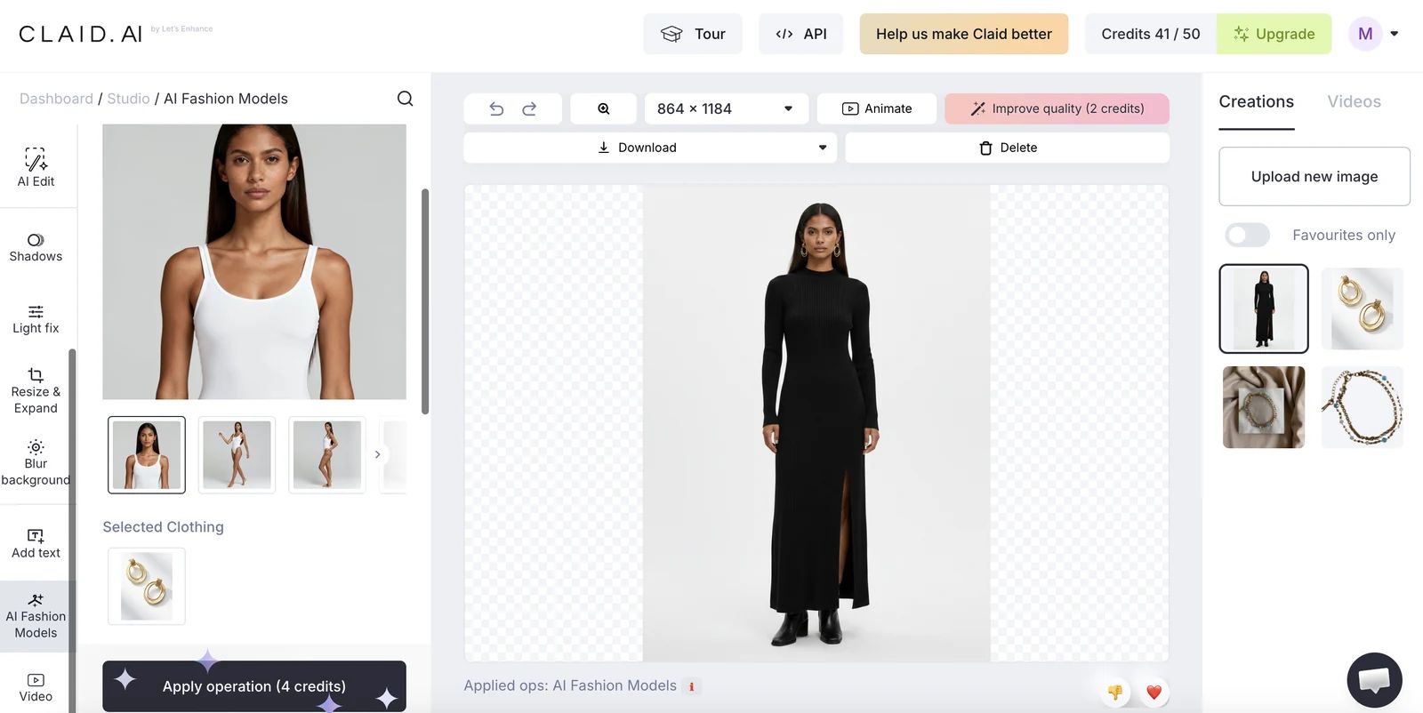 Claid AI fashion model jewelry test with earrings applied to a full-body model