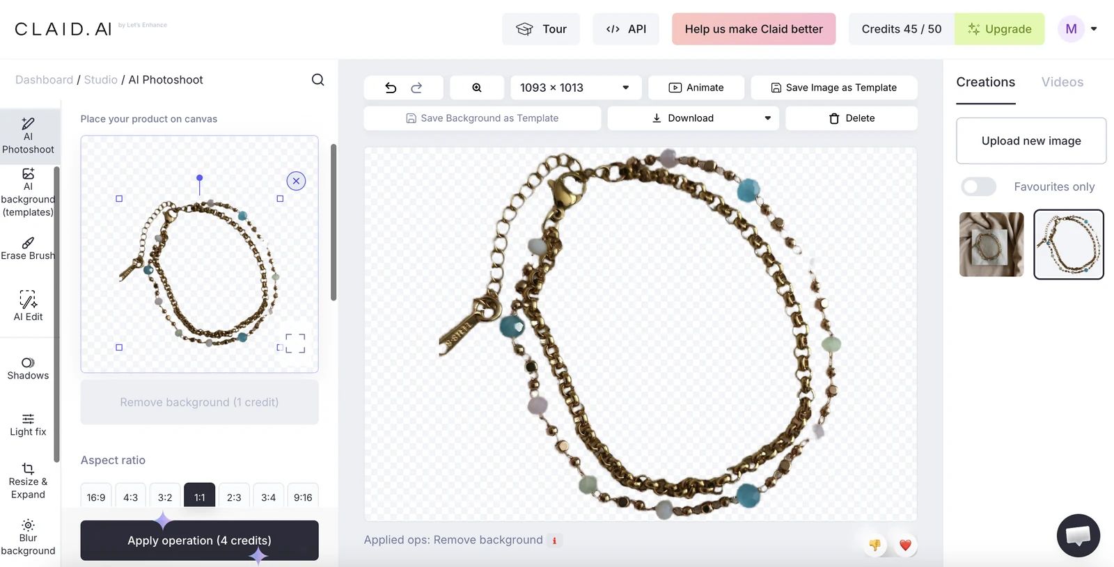 Claid AI jewelry background removal test showing a bracelet cutout