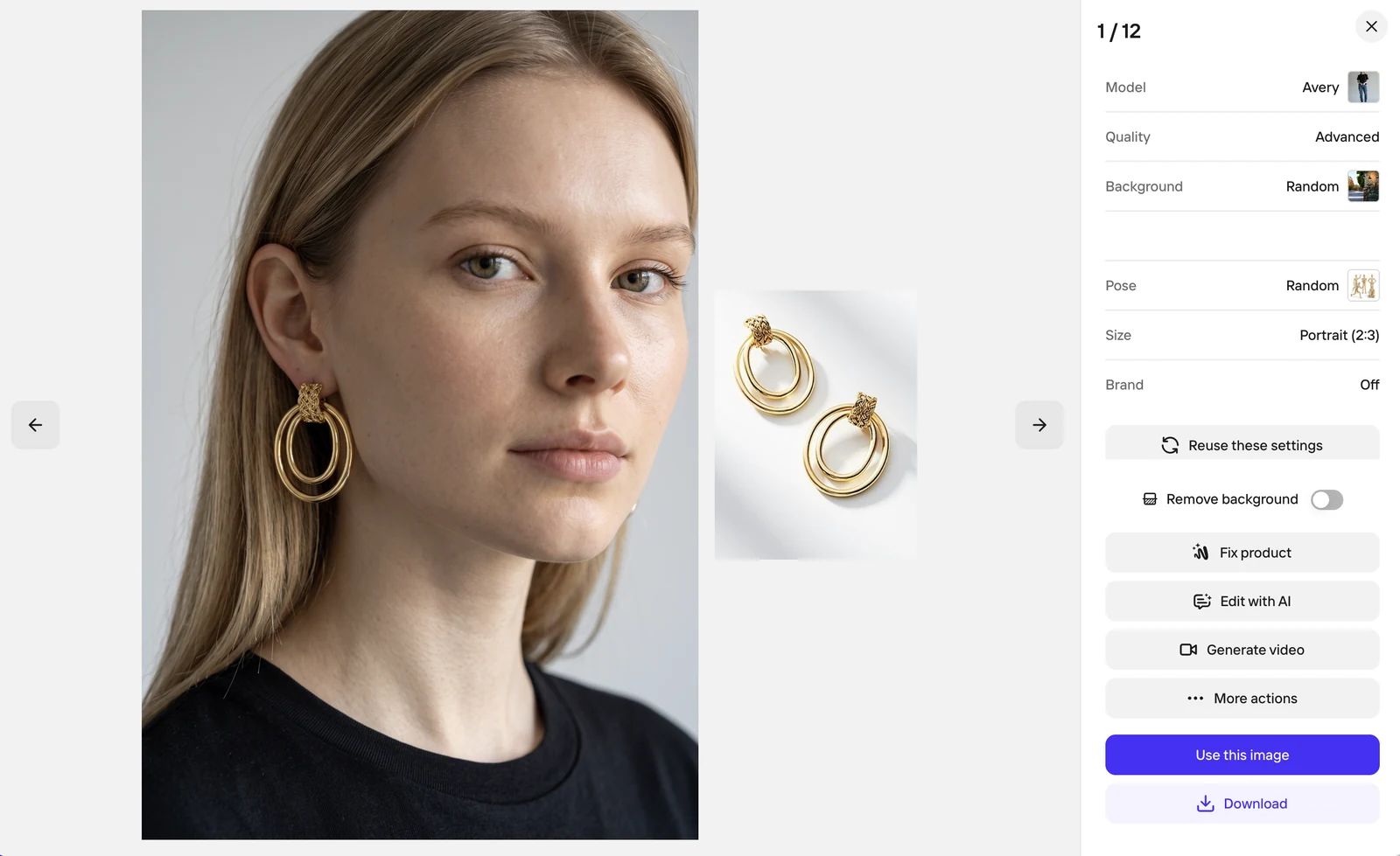 Photoroom jewelry model test showing the source earrings placed on a model