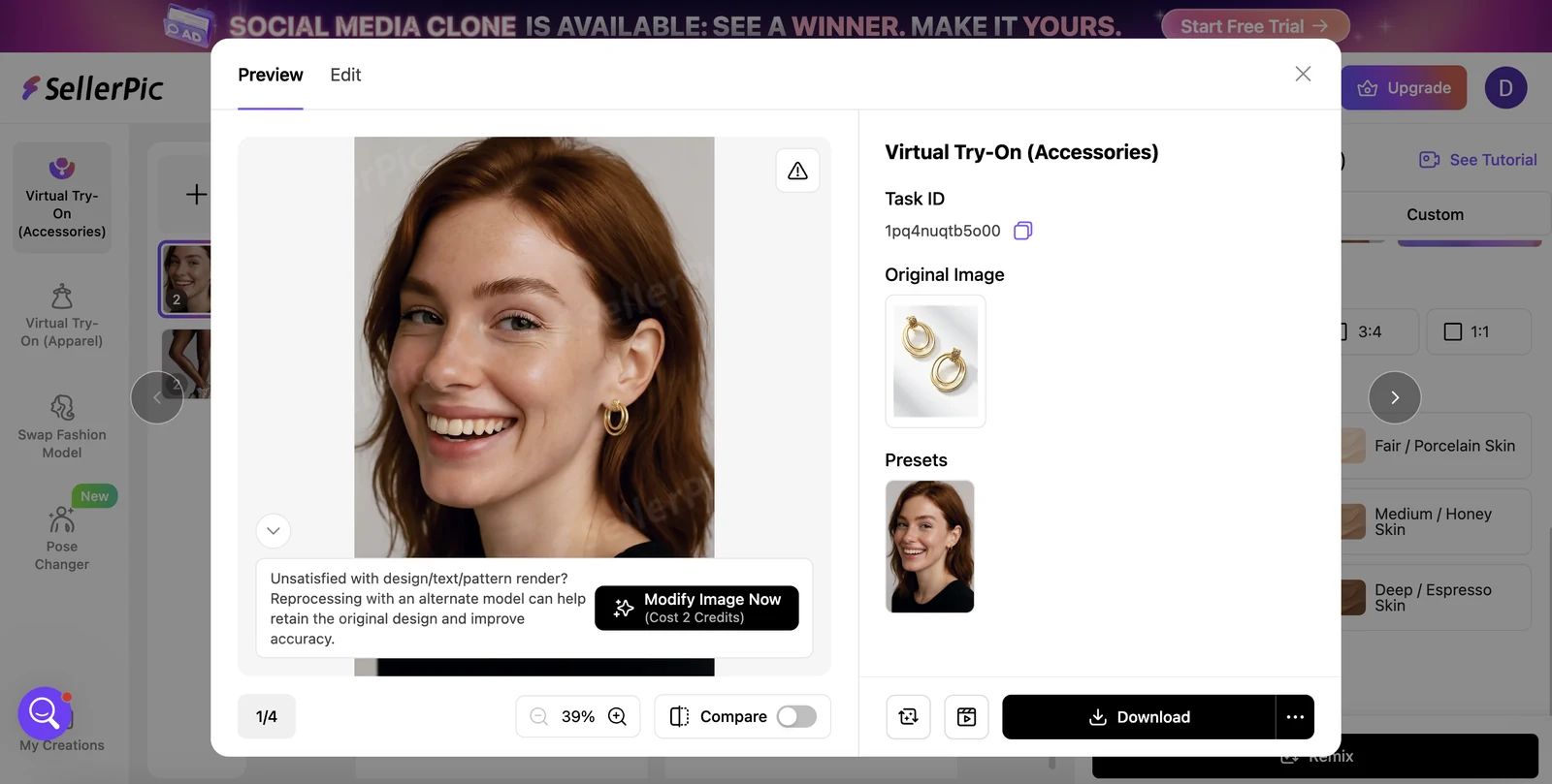 SellerPic virtual try-on jewelry test showing earrings on a model