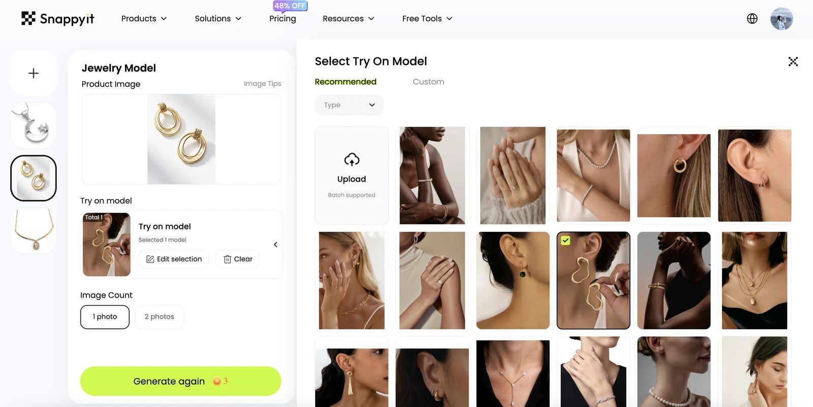 Snappyit jewelry model test template selection screen