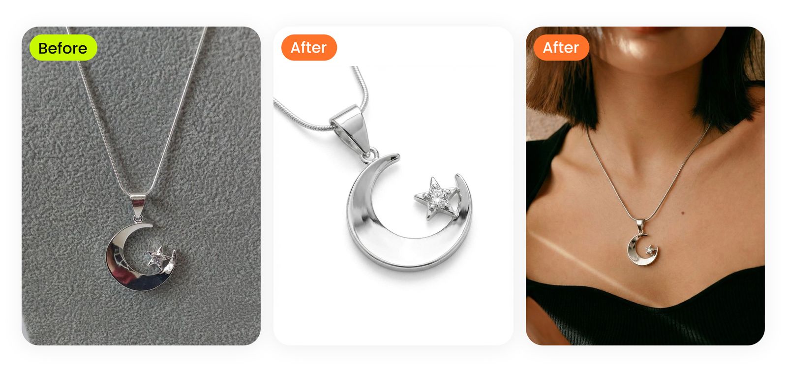 Snappyit Exemplos de retoque de joias e modelos de joias AI - antes e depois do conjunto cobrindo anéis, brincos, colares, pulseiras
