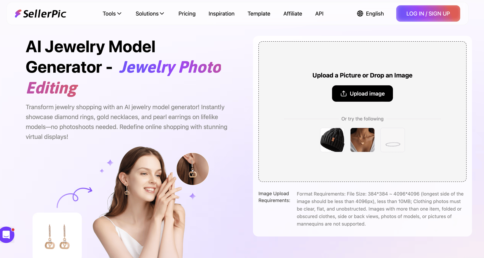 Captura de ecrã da interface do produto de joalharia de teste virtual SellerPic mostrando o fluxo de trabalho do modelo de joalharia de IA