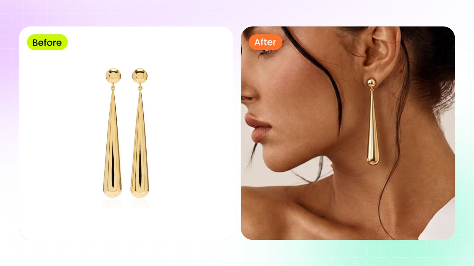 Modelo de joias de IA antes e depois: brincos de lágrima de ouro sobre fundo branco colocados na orelha de um modelo de IA numa foto de estilo de vida