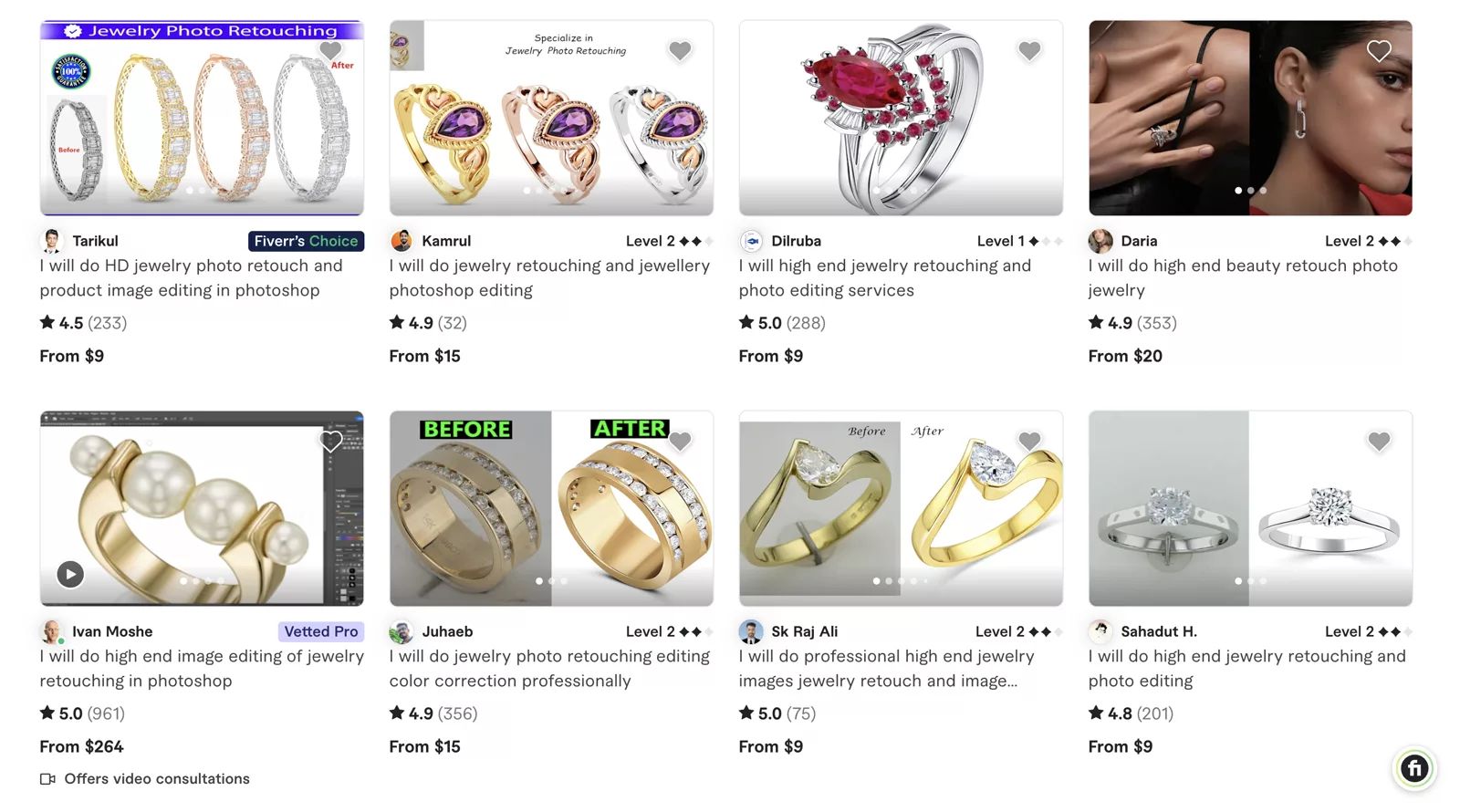 Fiverr jewelry photo retouching gigs and starting prices as of August 3, 2026