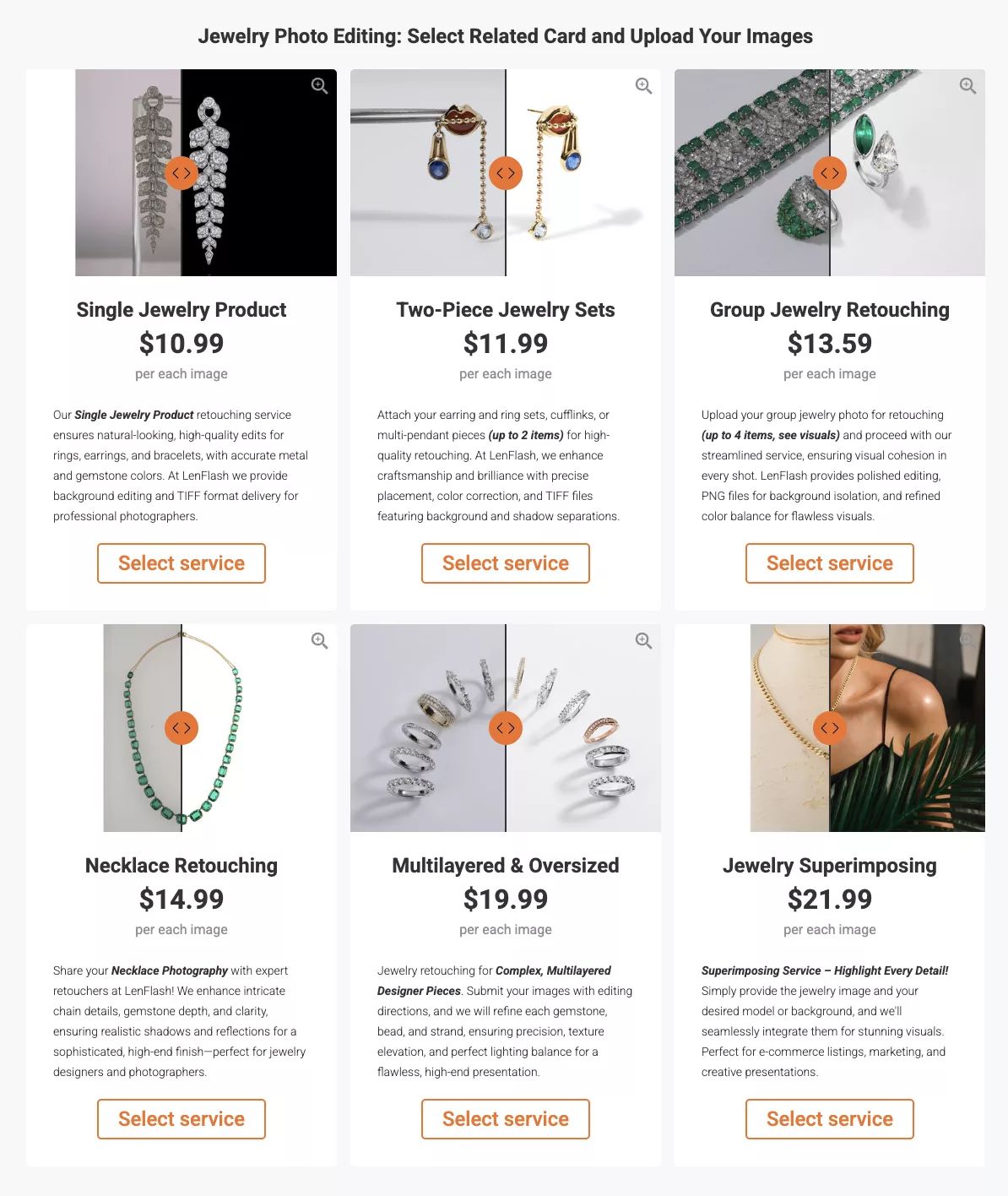 LenFlash jewelry retouching packages and prices as of August 3, 2026