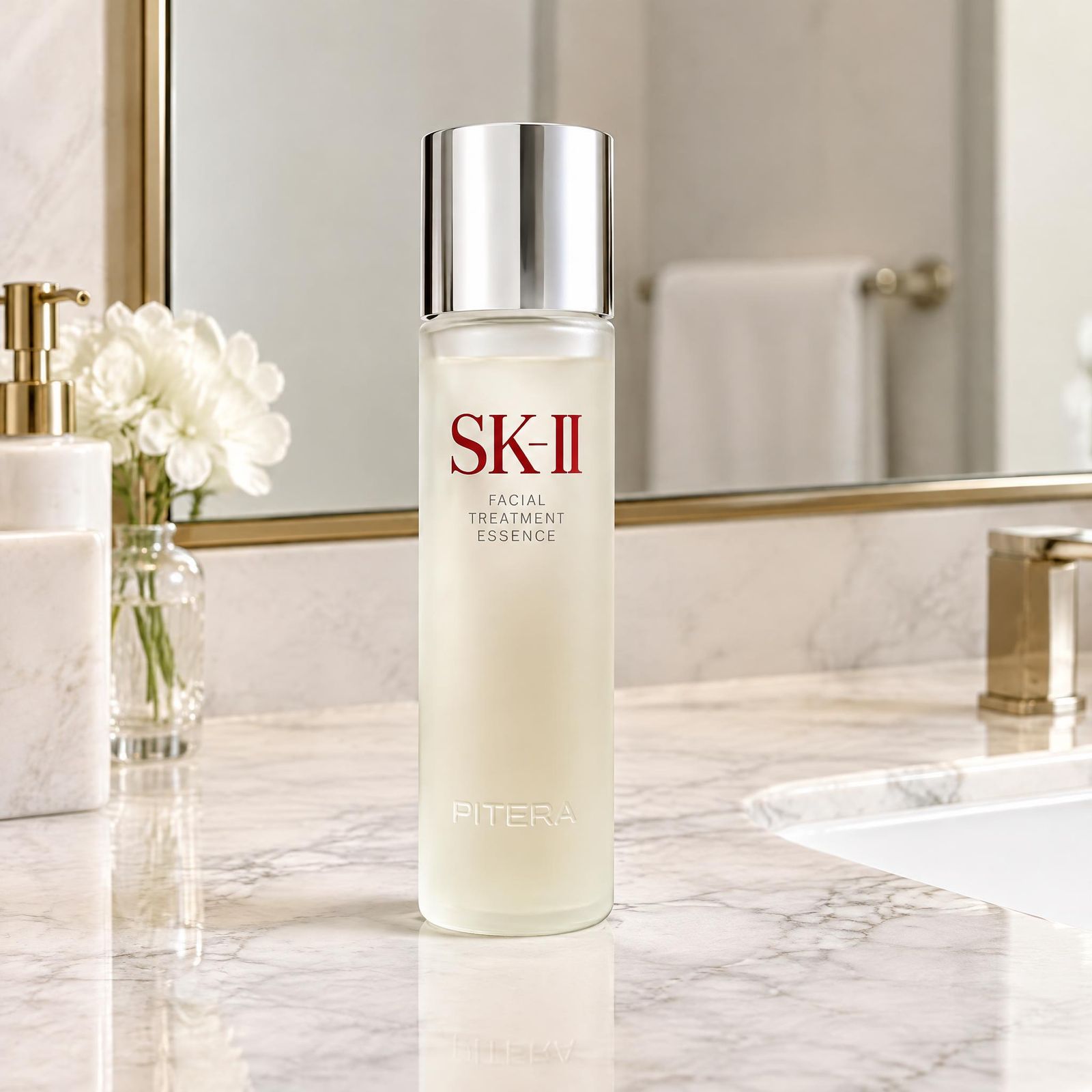 Skincare bottle on a marble bathroom vanity beside flowers and a mirror