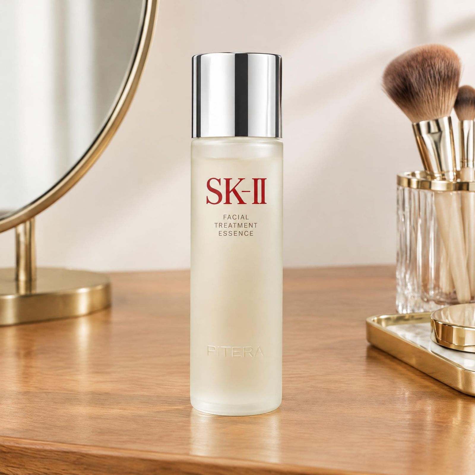 Skincare bottle on a wooden dressing table beside a mirror and makeup brushes