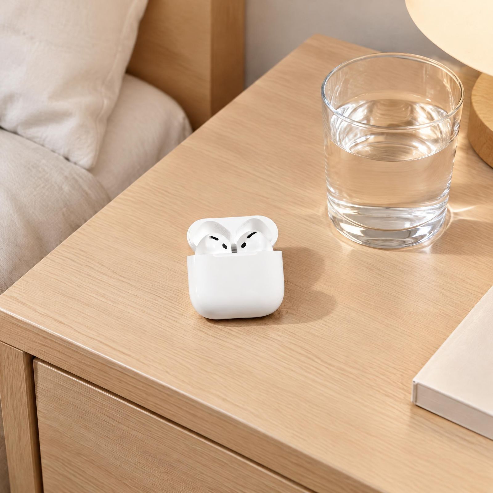 Wireless earbuds on a light wooden bedside table beside a glass of water
