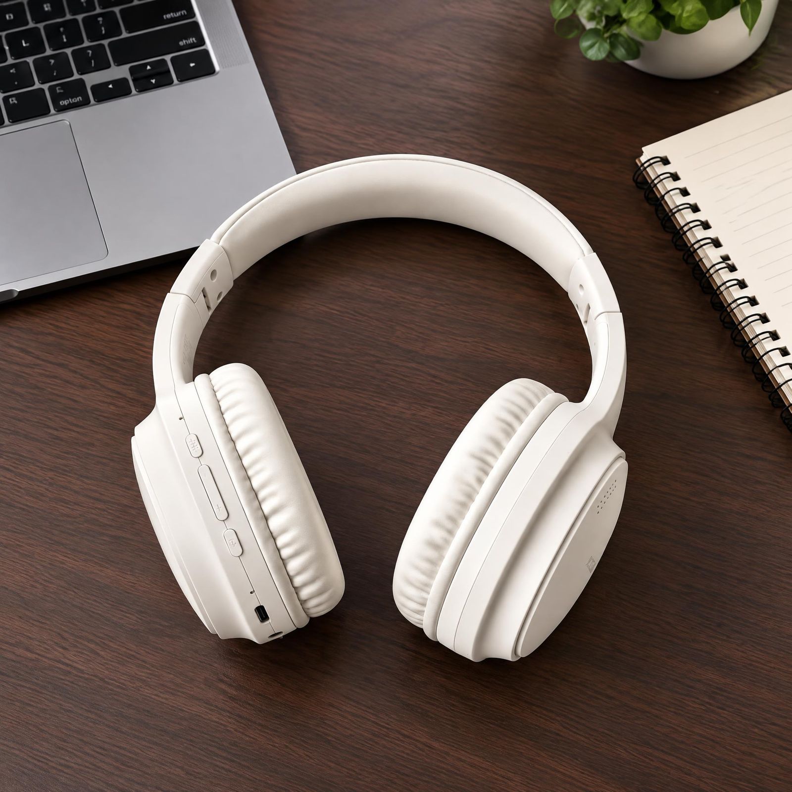 White headphones on a dark desk beside a laptop, notebook, and plant