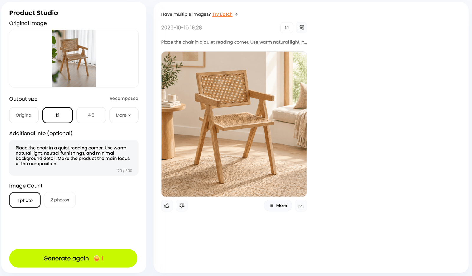 Product Studio with a chair source, prompt, options, and generated image