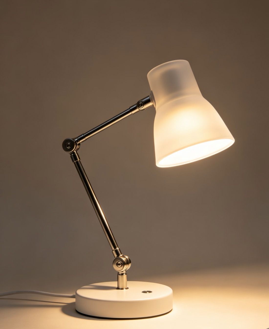Illuminated articulated table lamp against a plain background
