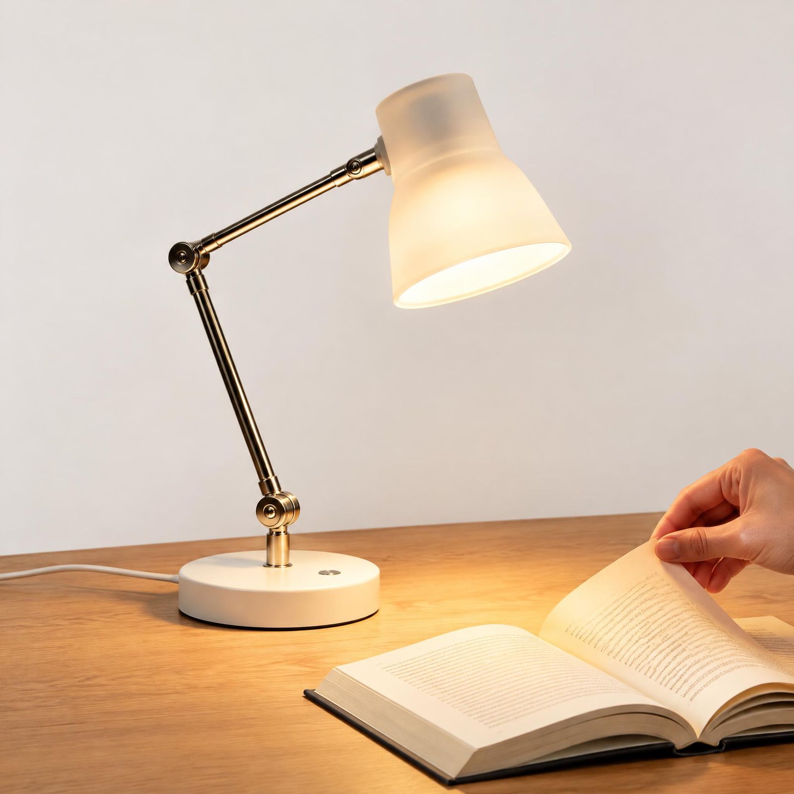 Lit table lamp beside an open book and a reader turning a page