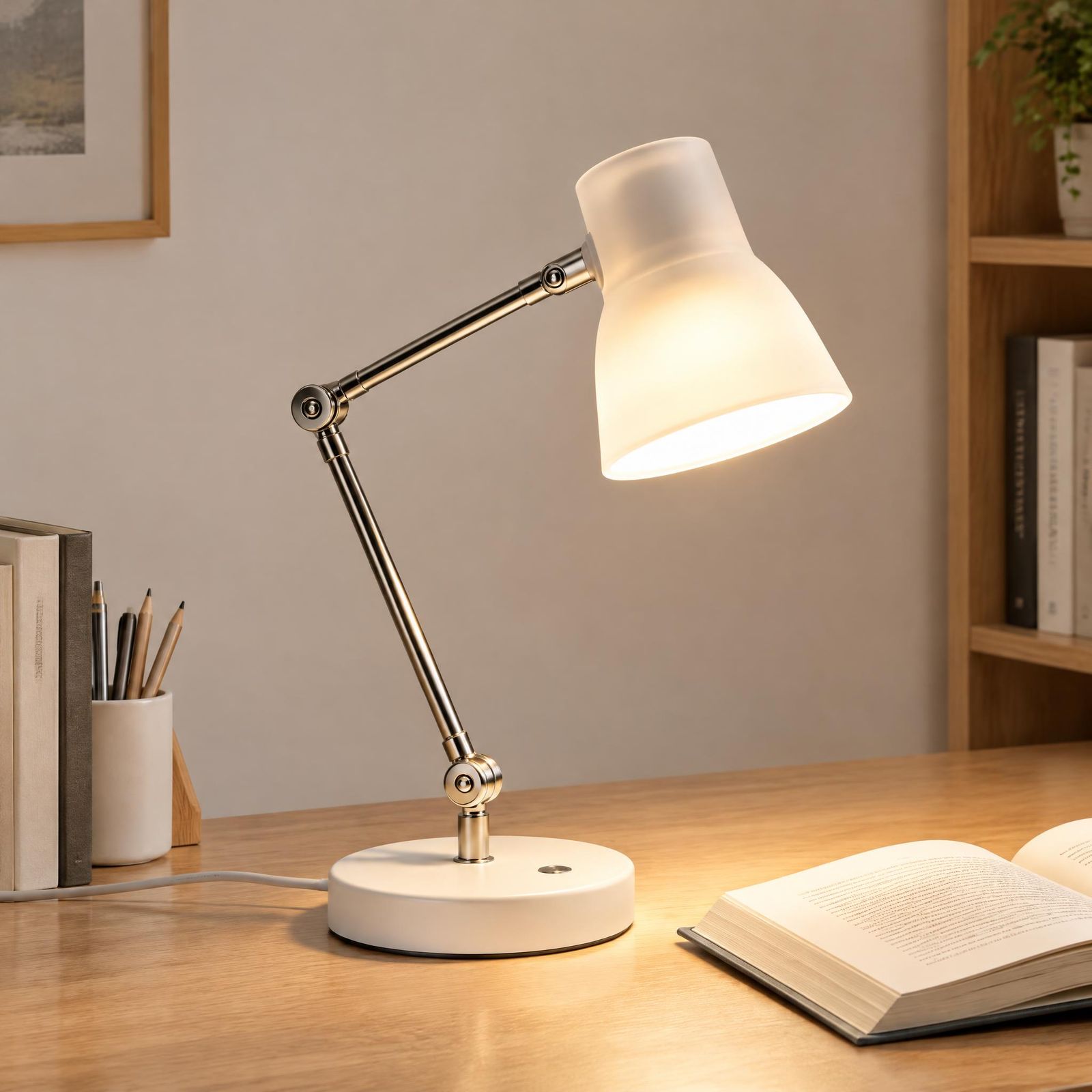 Table lamp on a wooden study desk beside books and pencils