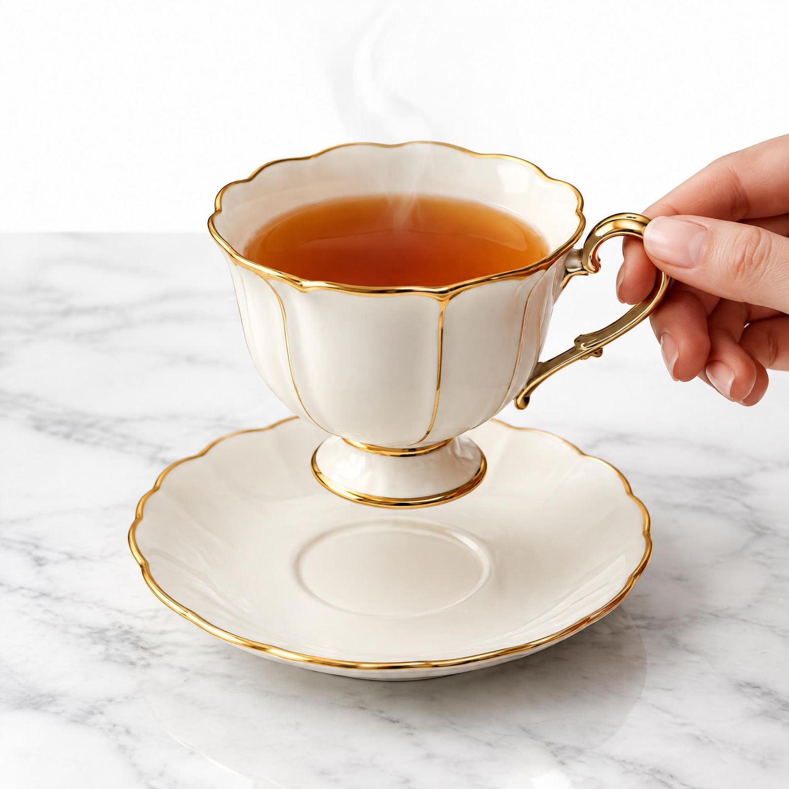 Hand holding a gold-rimmed teacup above its saucer on a white marble tabletop