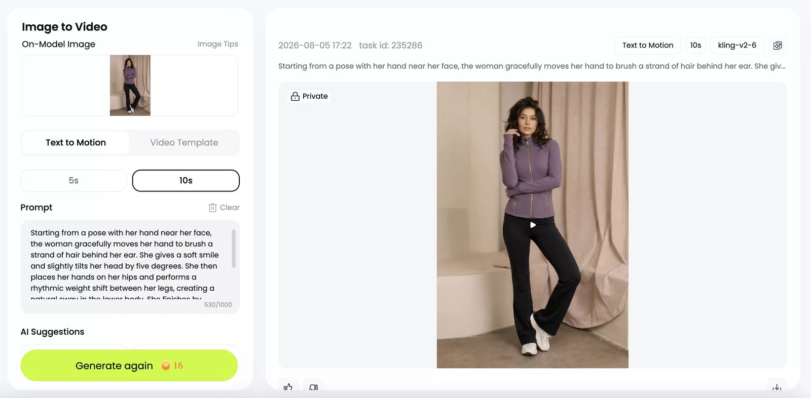Snappyit Image to Video workspace used for the purple activewear test on August 5, 2026
