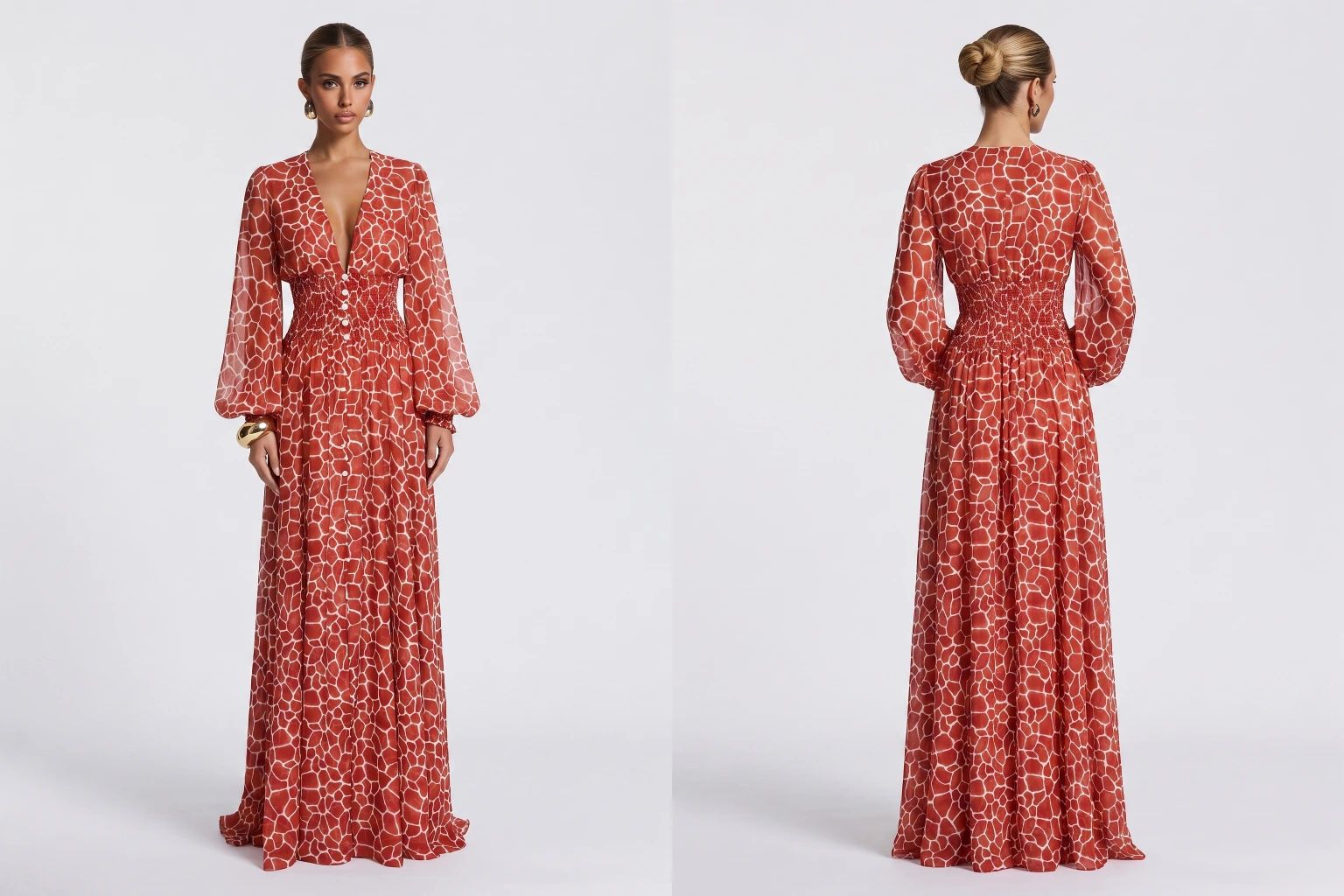 AI-generated full-length front and back views of a red patterned maxi dress, shown side by side