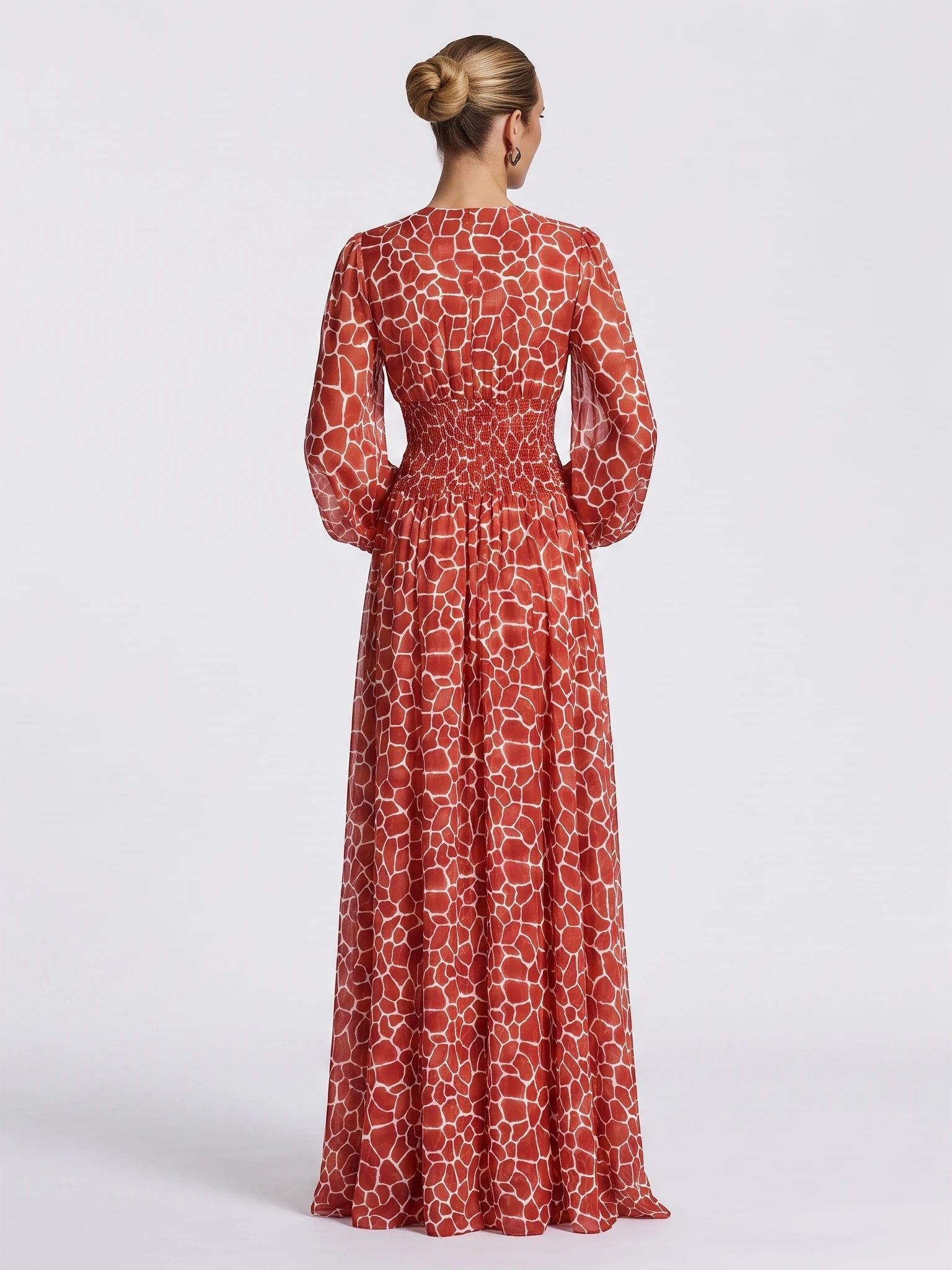 Generated full-length back view of the red patterned maxi dress