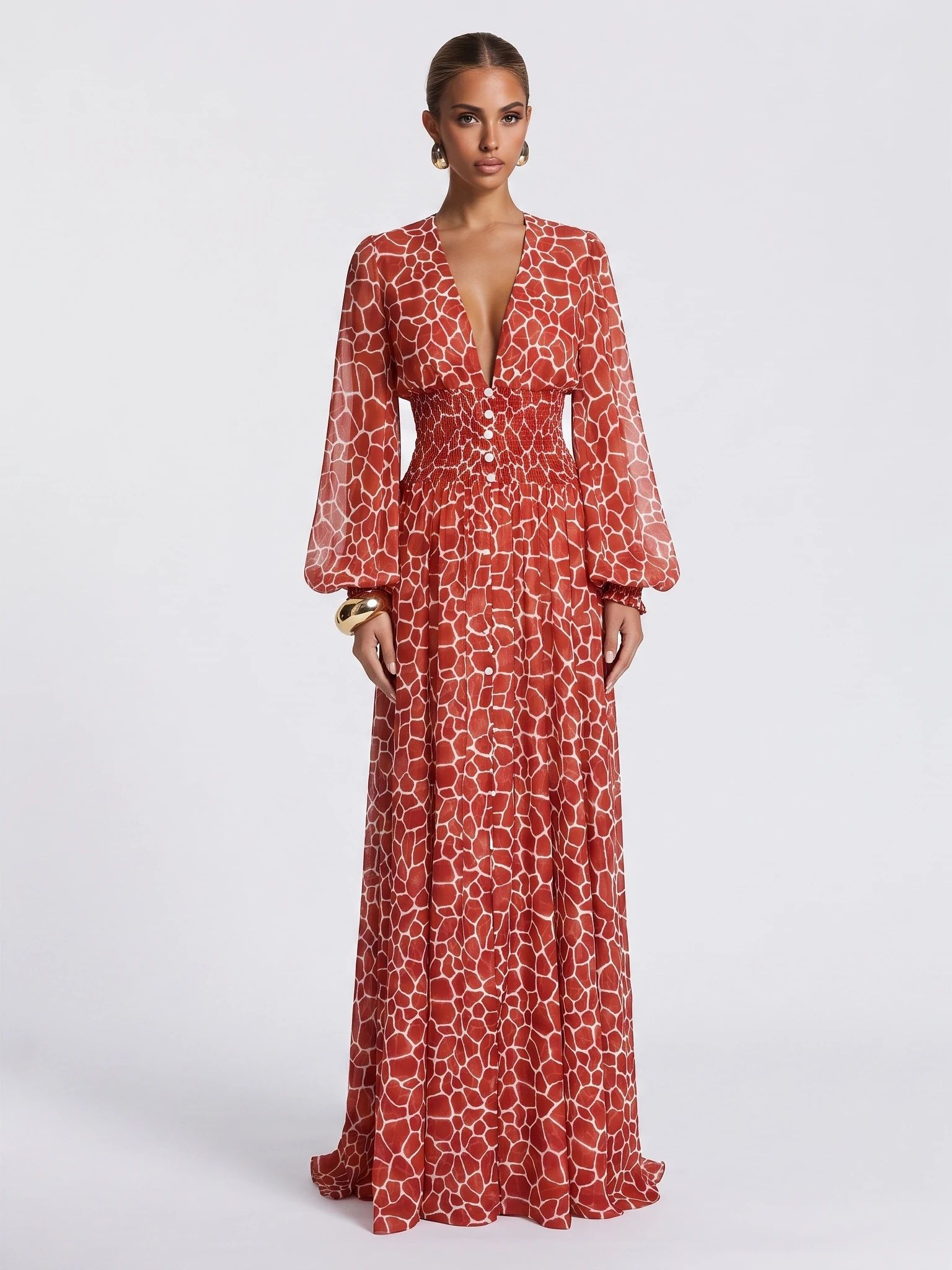 Generated full-length front view of the red patterned maxi dress