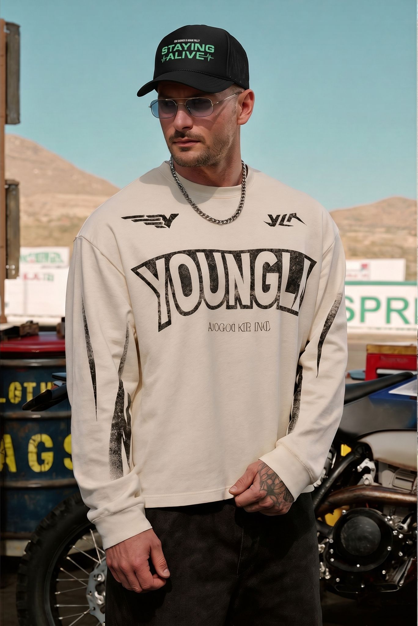 Same POD baseball cap shown on AI lifestyle model in a streetwear or outdoor scene by Snappyit Fashion Model — head-worn context shot for Etsy and Shopify cap listings