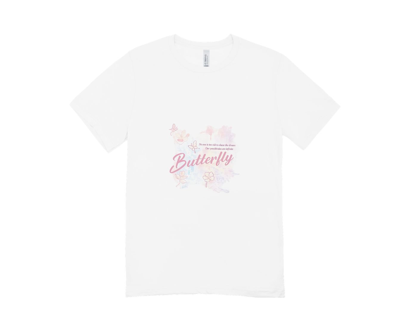 White T-shirt product mockup created in Canva with the butterfly print