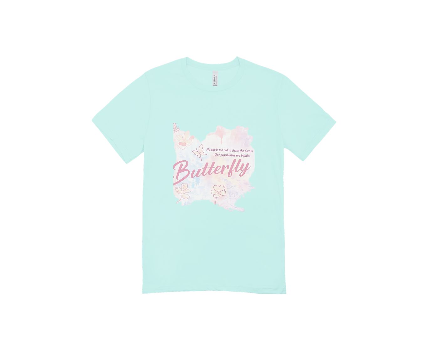 Pale-mint T-shirt mockup created in Canva with part of the large print clipped